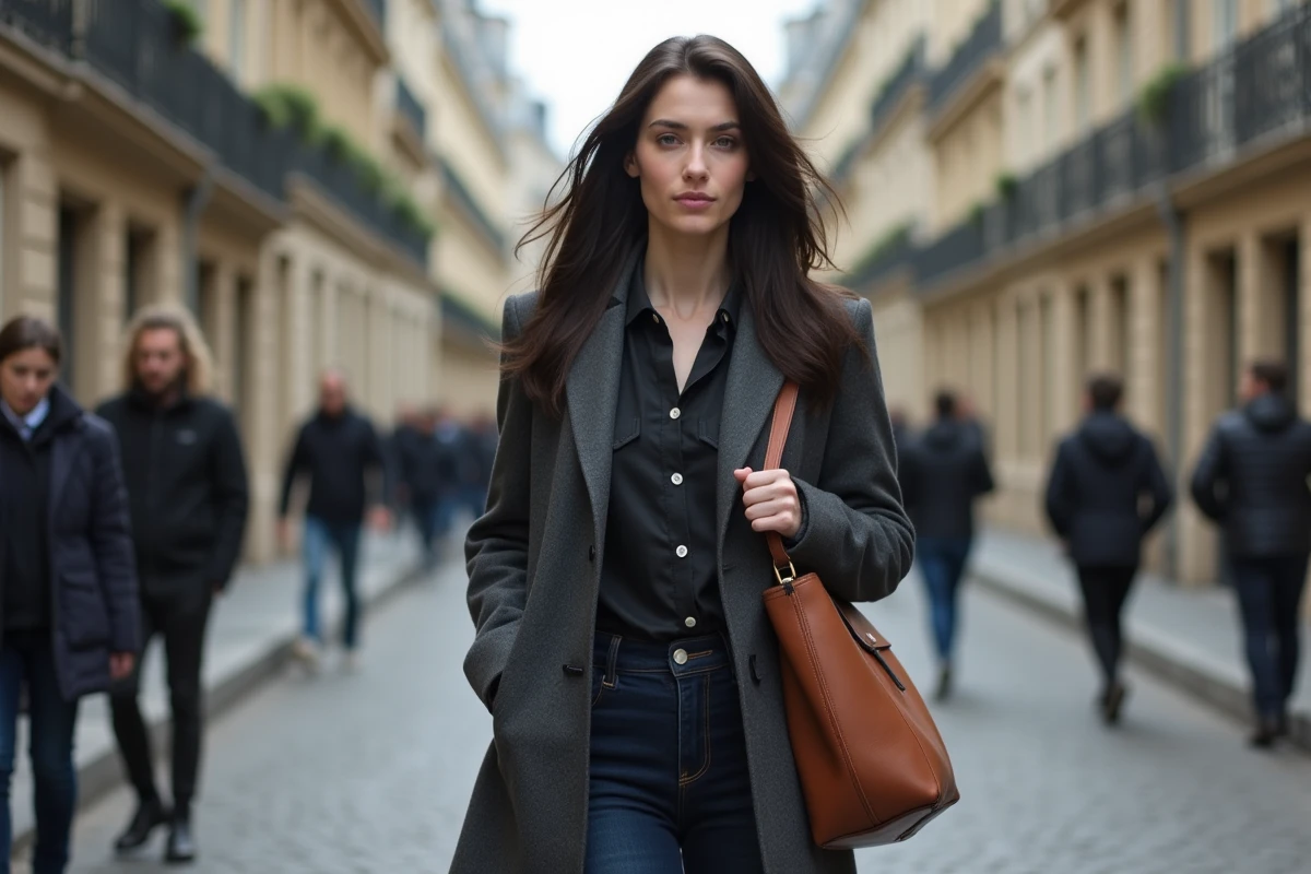 Jeune actrice française marchant sur un trottoir parisien en manteau gris, immeubles haussmanniens en arrière-plan