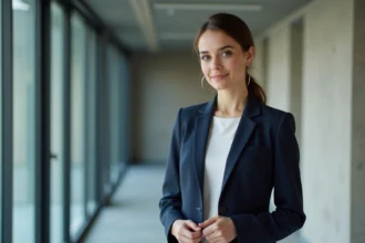 Jeune actrice française en blazer marine dans un couloir de studio de télévision, expression professionnelle et concentrée