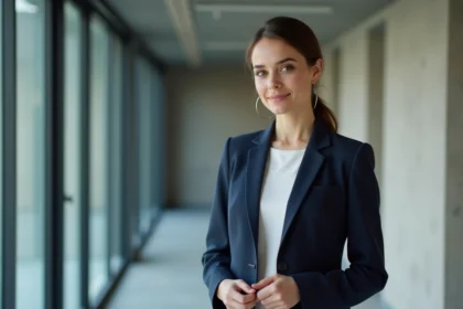 Jeune actrice française en blazer marine dans un couloir de studio de télévision, expression professionnelle et concentrée