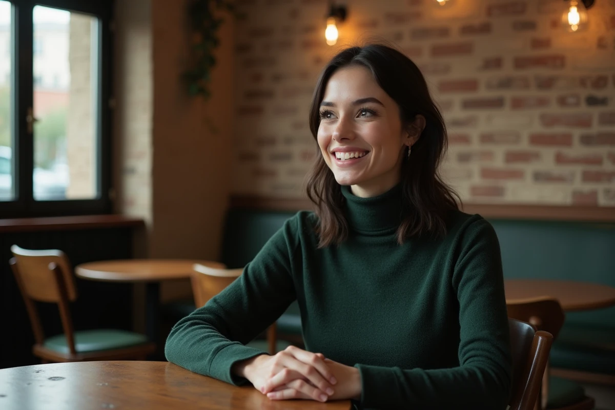 Actrice française en pull col roulé vert donnant une interview dans un café parisien à murs en briques