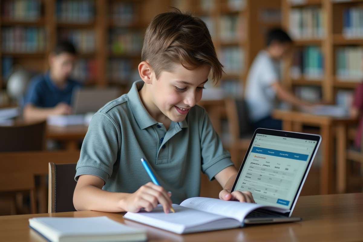 Adolescent étudiant un livre de finances à la bibliothèque