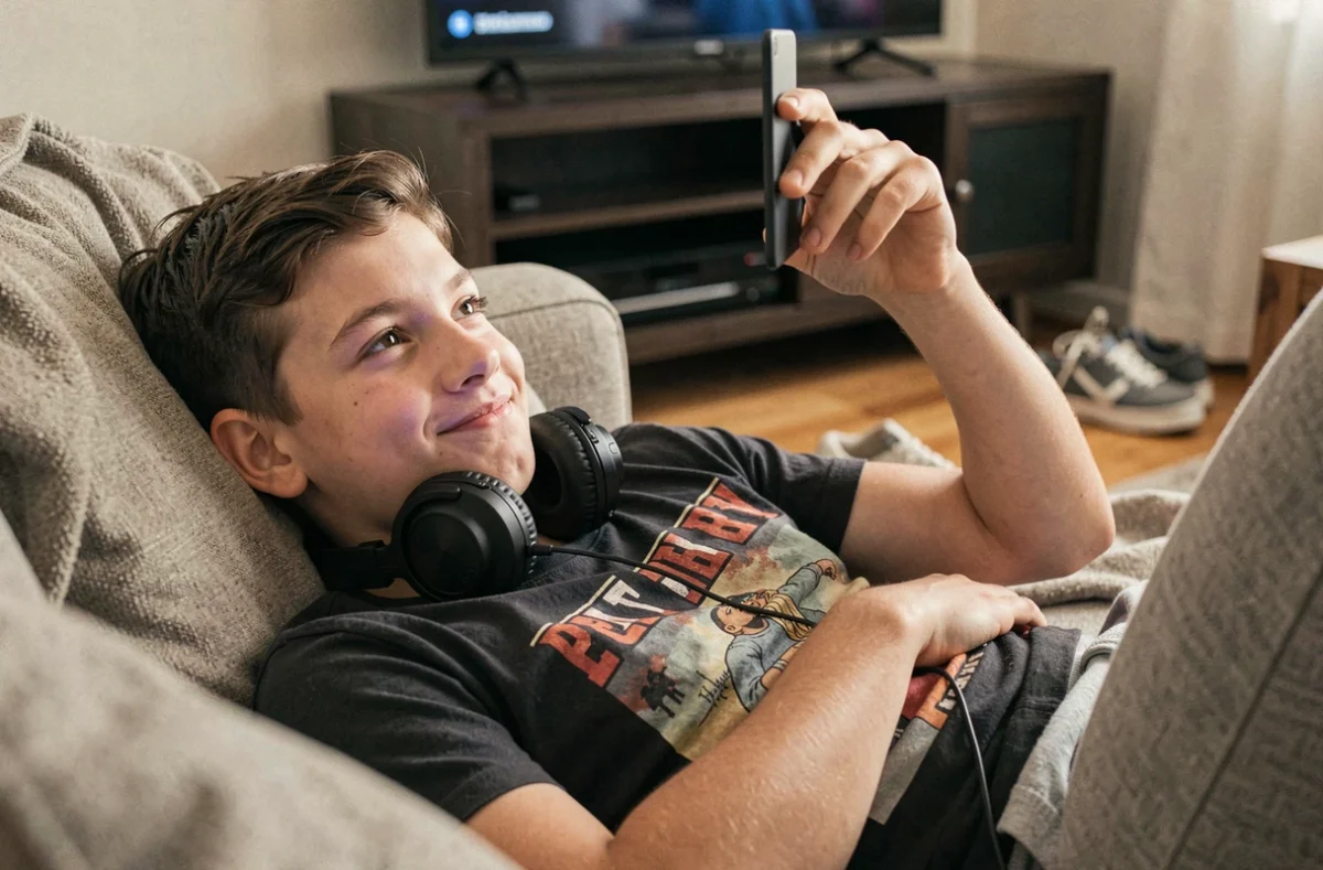 Adolescent allongé sur un canapé absorbé par sa tablette, incarnant la génération brainrot et la surconsommation de contenu TikTok