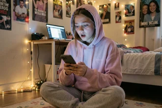 Adolescente scrollant sur son téléphone dans sa chambre, illustrant la génération TikTok et le phénomène brainrot