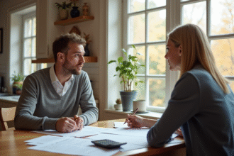 Agent immobilier discutant avec un client dans une cuisine lumineuse