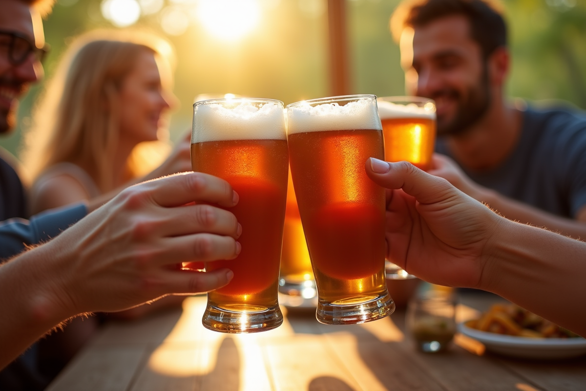Groupe d amis trinquant avec bières en plein air