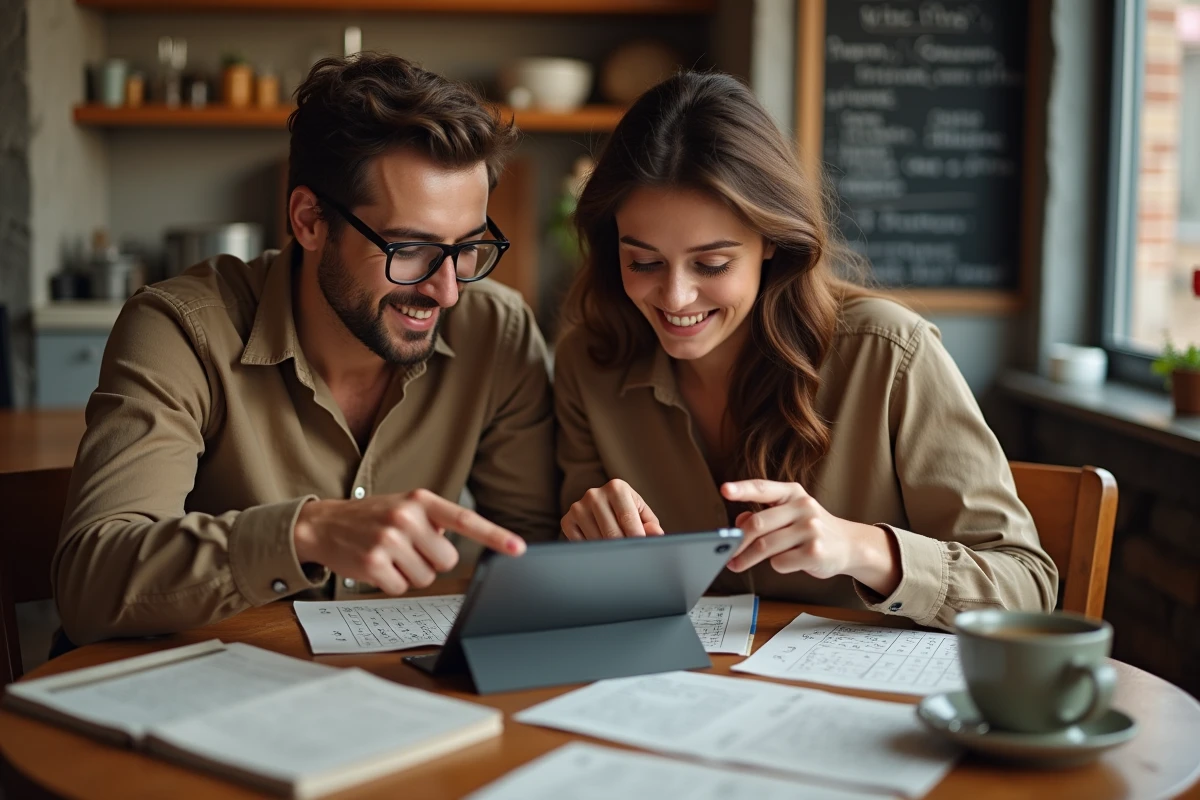 Deux amis comparant un jeu de lettres en ligne et des jeux classiques sur papier dans un café, débat entre Sutom et jeux de lettres traditionnels