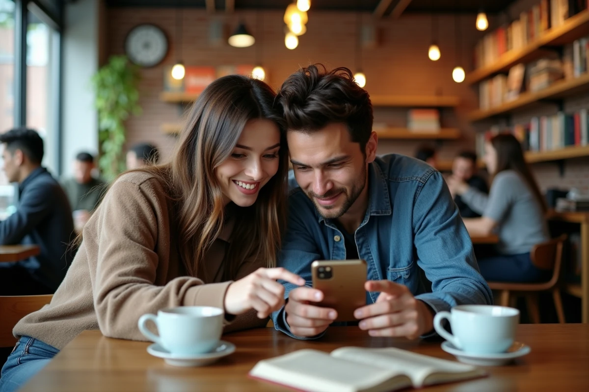 Deux amis discutant de sites de lecture de manga sur smartphone autour d'un café avec des volumes posés sur la table