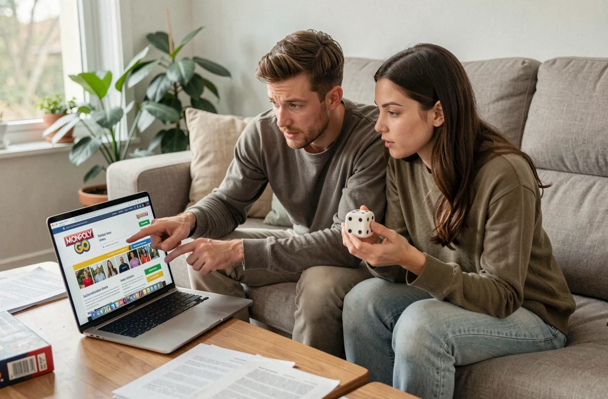 Deux amis adultes cherchant ensemble des liens gratuits Monopoly GO sur laptop dans un salon moderne en 2026