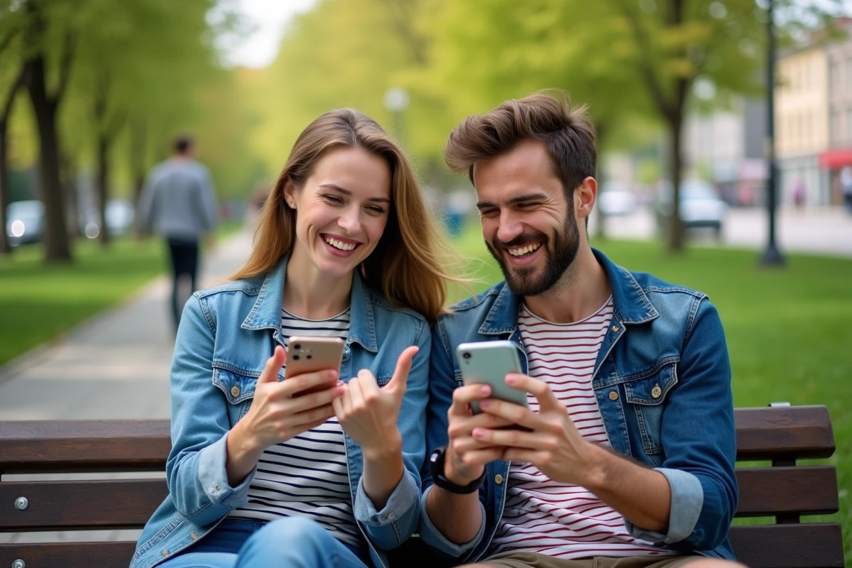 Deux amis assis dans un parc en train de partager des emojis porte-bonheur sur leurs téléphones en croisant les doigts, illustrant la convivialité des symboles de chance numériques