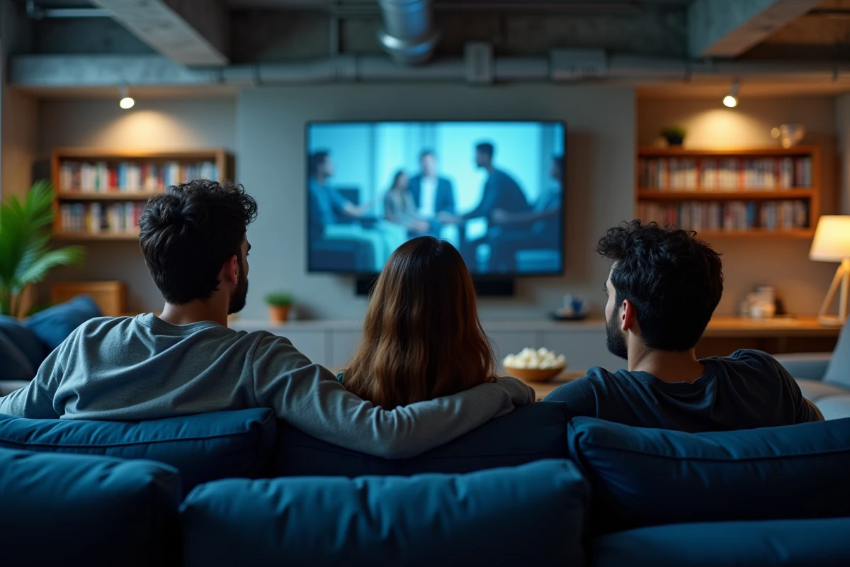 Groupe d'amis regardant une nouvelle série espagnole ensemble dans un appartement moderne de Barcelone