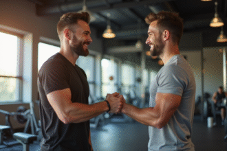 Deux amis souriants se serrant la main dans une salle de sport moderne