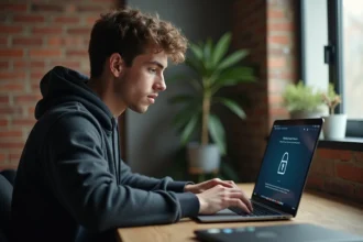 Homme utilisant un VPN sur son ordinateur portable pour protéger son anonymat en ligne