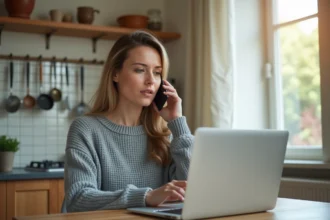 Femme appelant le service après-vente Darty depuis son domicile avec un smartphone