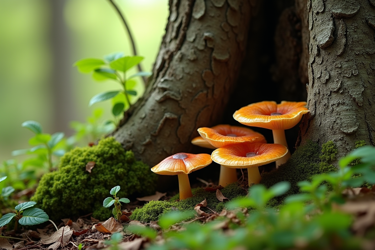 Tronc d arbre avec racines et fausse chanterelle au pied