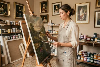 Artiste peintre femme travaillant sur une toile à l'huile dans un atelier parisien entouré de chefs-d'œuvre classiques