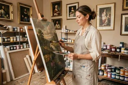 Artiste peintre femme travaillant sur une toile à l'huile dans un atelier parisien entouré de chefs-d'œuvre classiques