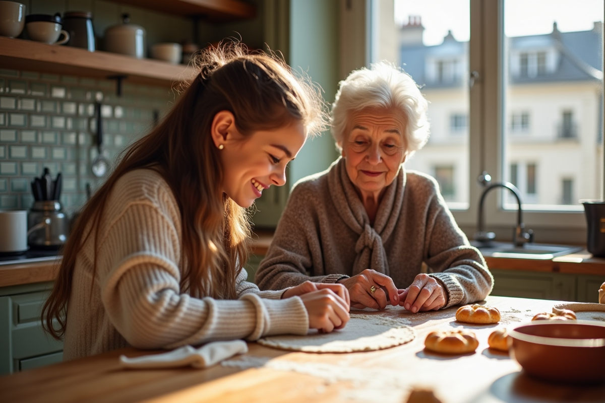 Jeune fille et grand-mère préparant des pâtisseries dans une cuisine parisienne