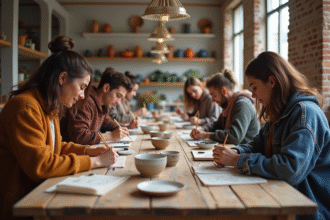 Groupe d'adultes peignant de la céramique dans un atelier parisien