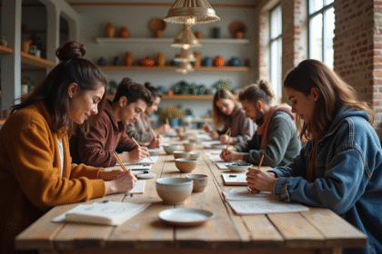 Groupe d'adultes peignant de la céramique dans un atelier parisien