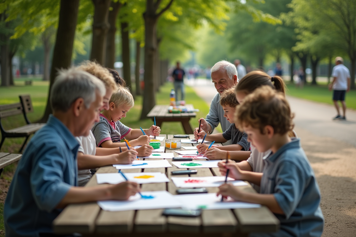 Enfants et adultes peignant ensemble dans un parc urbain en plein air