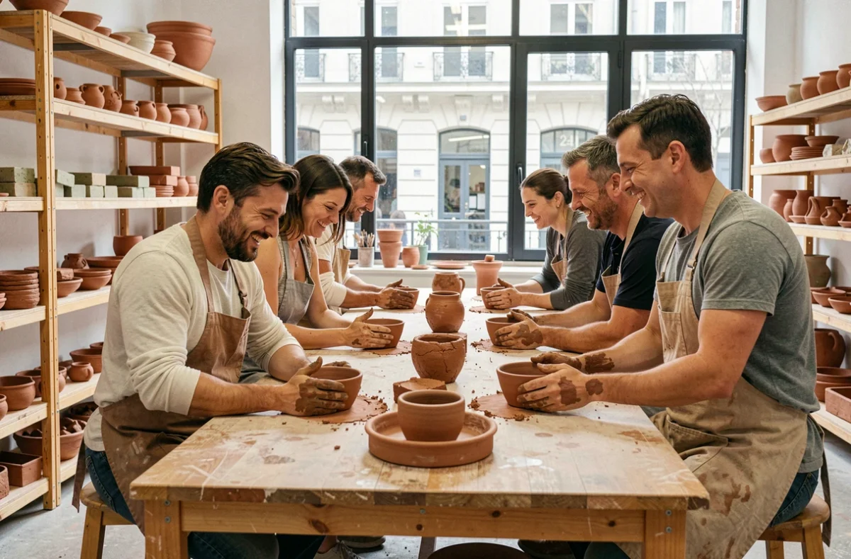 Groupe de célibataires lyonnais lors d'un atelier poterie convivial, activité sociale et créative à Lyon