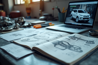Bureau d'atelier automobile organisé avec catalogues et pièces