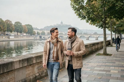 Couple se promenant le long des Berges du Rhône à Lyon un dimanche matin calme, avec vue sur la colline de Fourvière