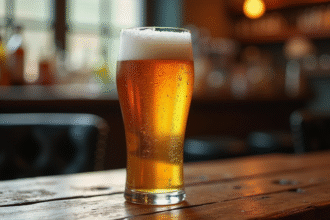 Verre de bière forte rousse sur table en bois rustique
