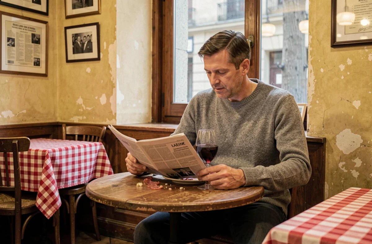 Homme attablé seul dans un bouchon lyonnais traditionnel le dimanche avec verre de vin rouge et plateau de charcuterie