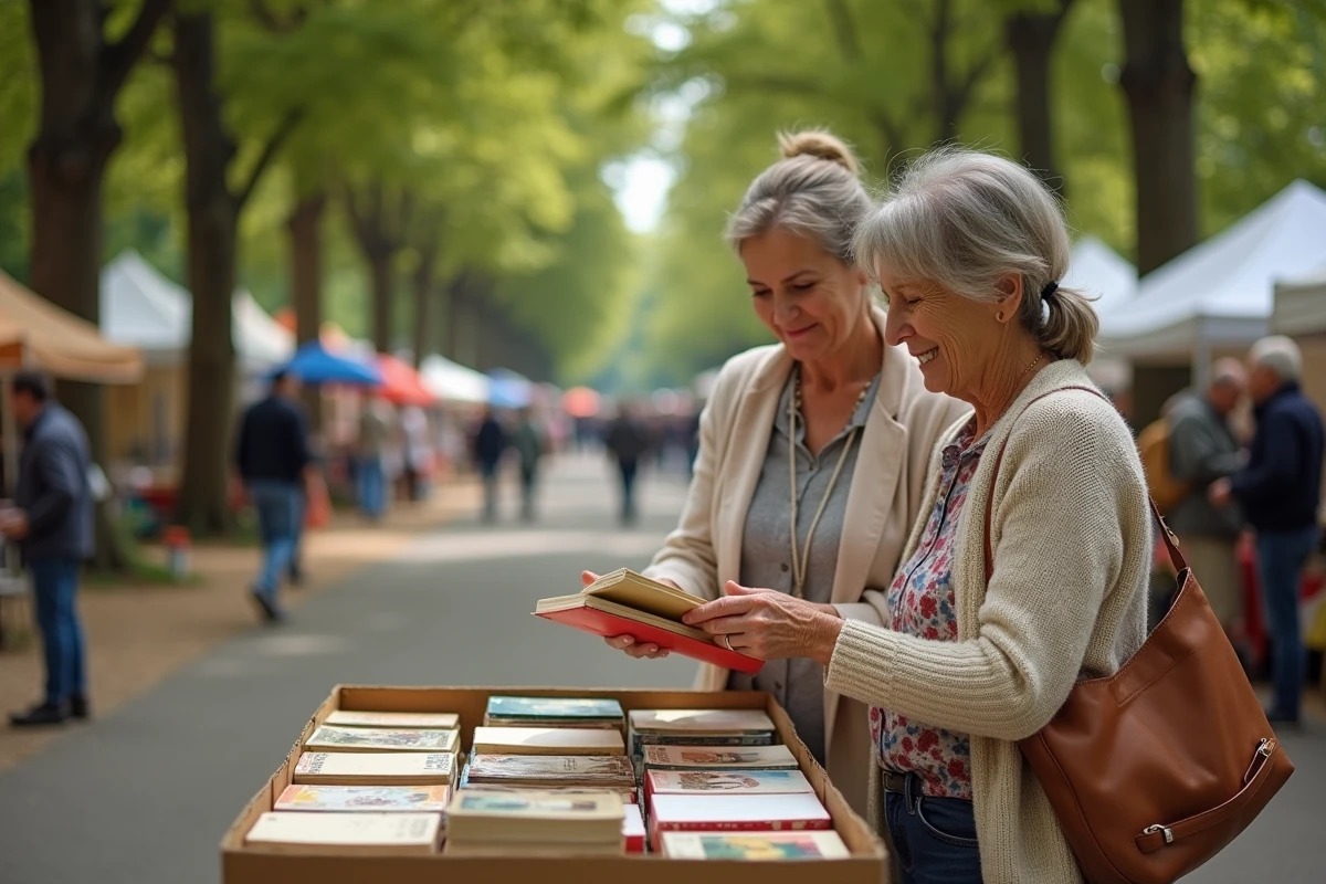 Deux femmes parcourant des cartes postales anciennes et des livres lors d'un vide-grenier en Bretagne dans le Morbihan