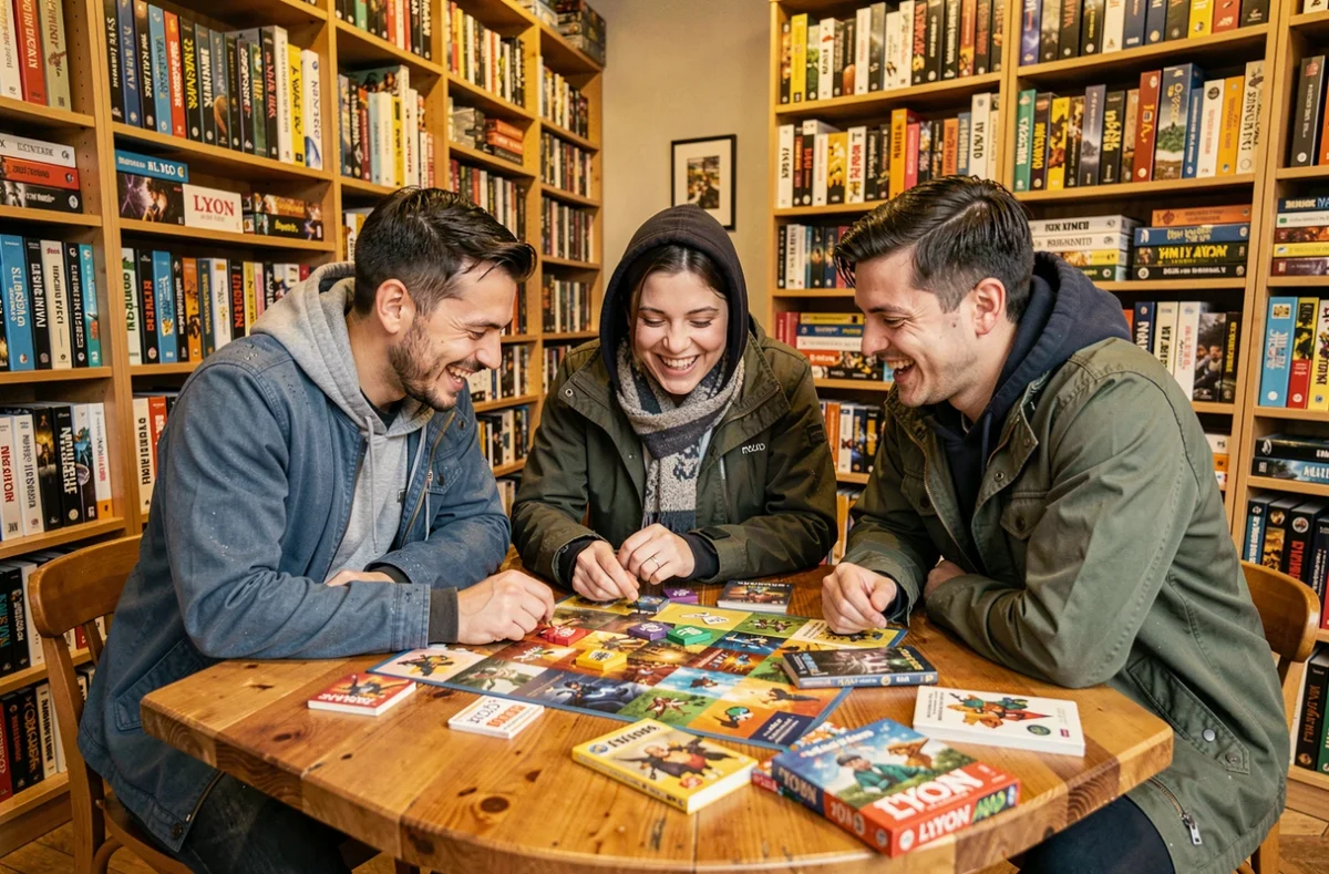 Groupe d'amis jouant à des jeux de société dans un café ludique à Lyon lors d'une soirée pluvieuse