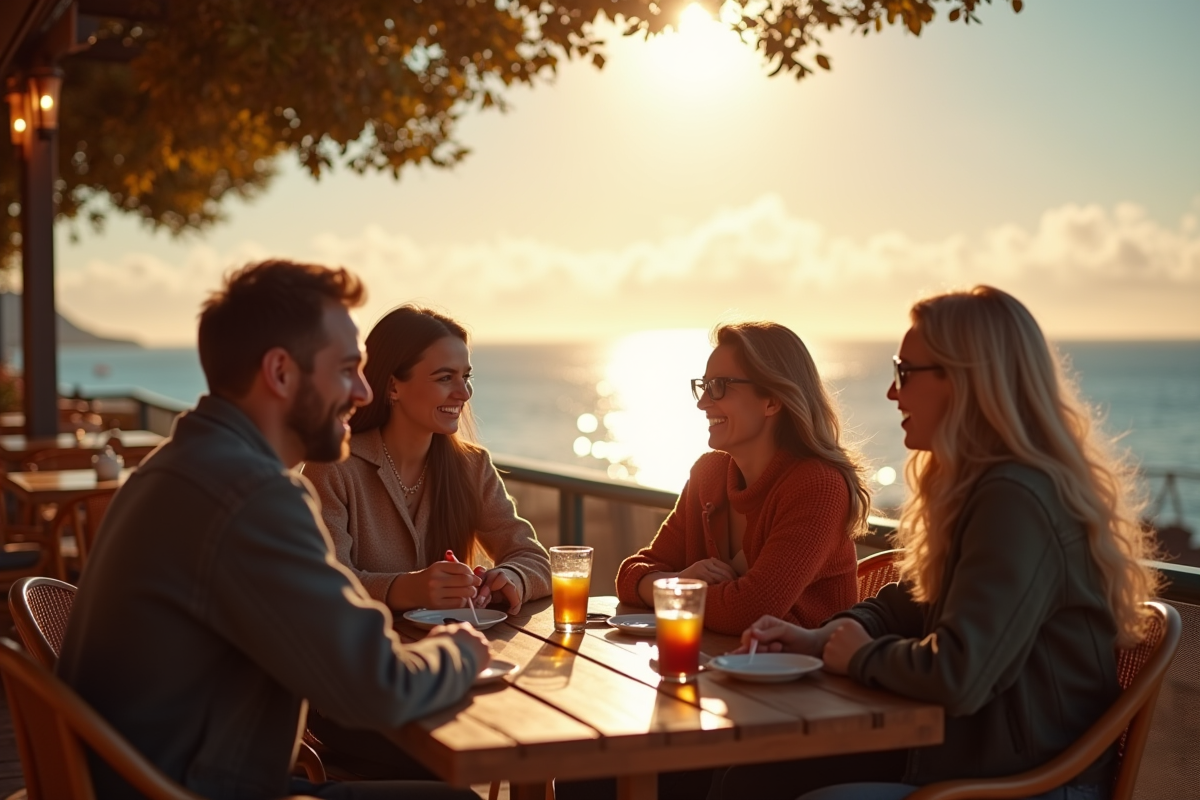 Terrasse de café au bord de la mer aux Canaries ambiance chaleureuse