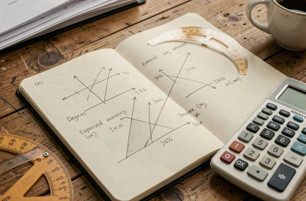 Carnet technique ouvert sur un bureau en bois avec des schémas de calcul de pente en degrés et en pourcentage, protracteur et calculatrice