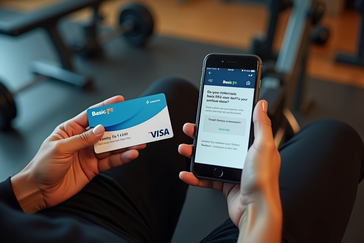 Personne tenant une carte Basic Fit et un smartphone avec notification de parrainage