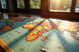 Carte vintage du monde avec Guadeloupe en rouge brillant
