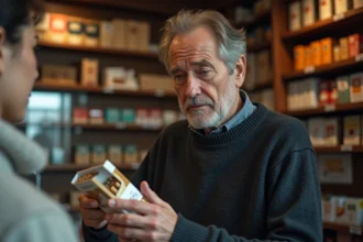 Un homme examine une cartouche de cigarettes Winston dans un bureau de tabac luxembourgeois, reflétant l'impact des hausses de taxes en 2026