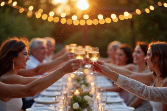 Célébration d anniversaire élégante en plein air avec groupe d adultes