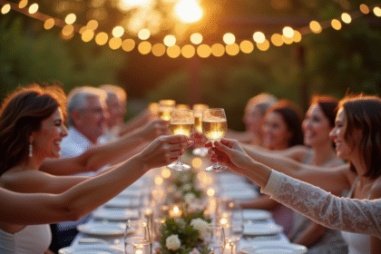 Célébration d anniversaire élégante en plein air avec groupe d adultes