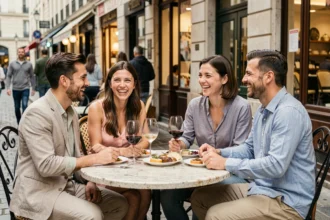 Groupe de célibataires souriants autour d'une table en terrasse de brasserie à Lyon, ambiance conviviale et détendue