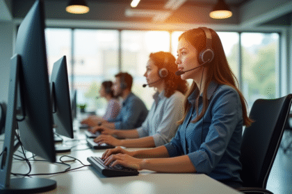 Centre de service client moderne en journée avec équipe diverse