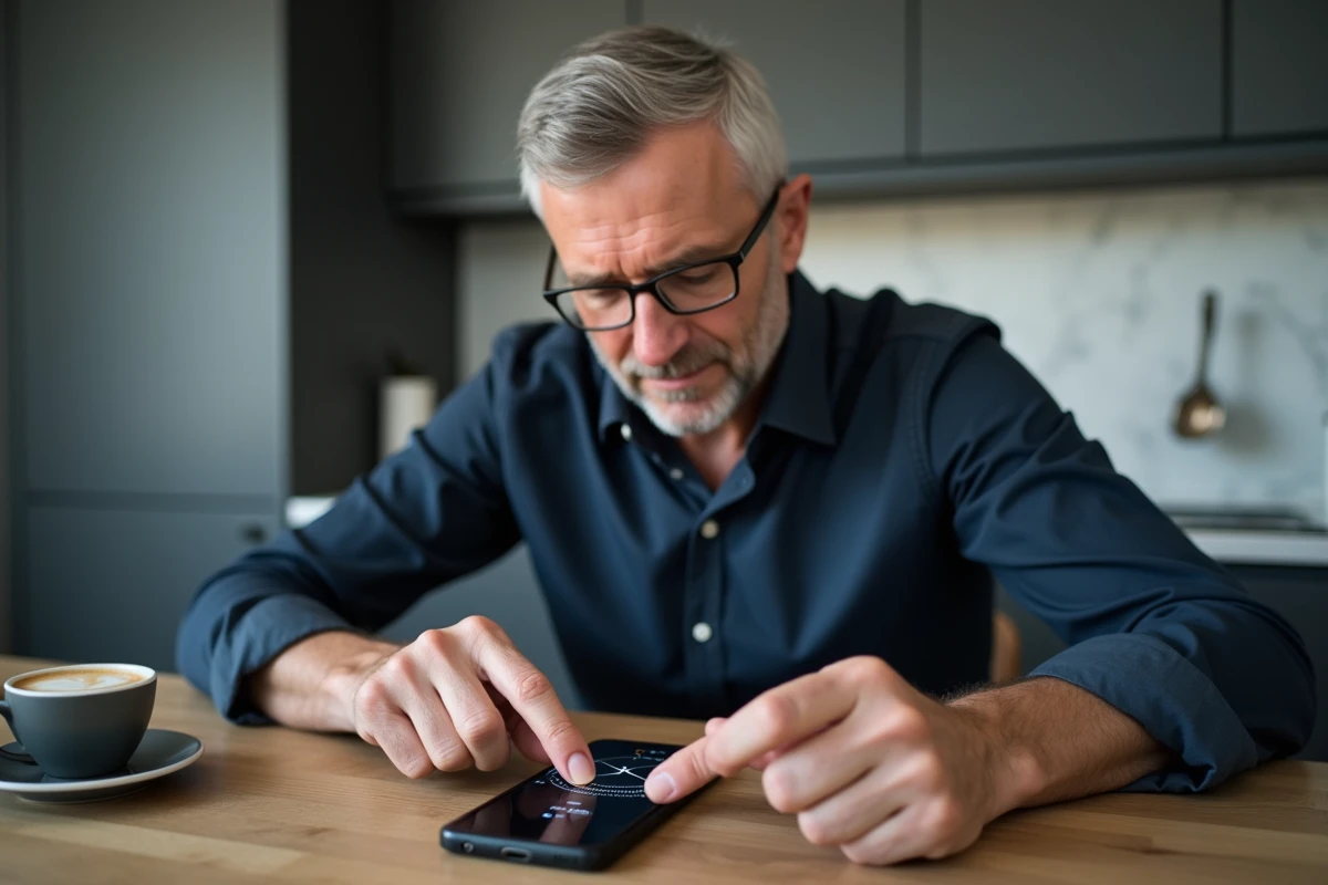 Homme changeant l'heure sur son smartphone pour le passage à GMT+2 lors d'un changement d'heure saisonnier