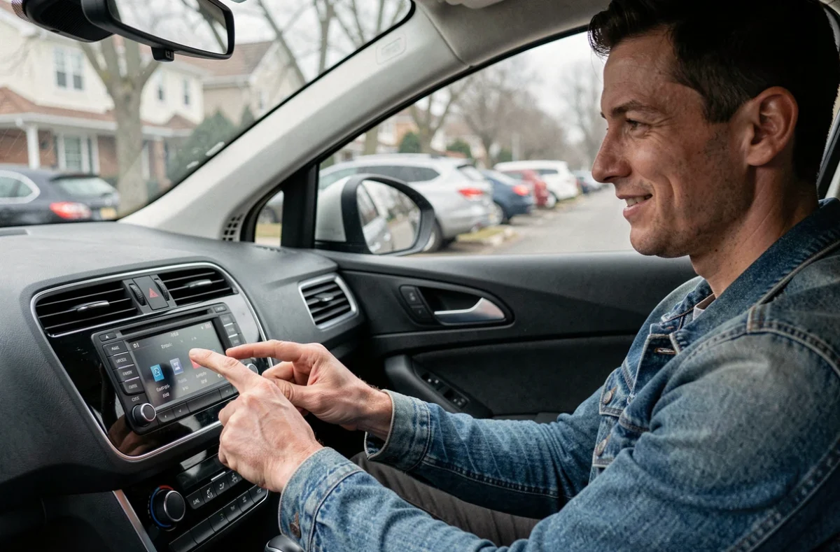Homme changeant de station de radio dans sa voiture en appuyant sur les boutons préréglés du tableau de bord
