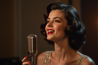 Chanteuse féminine avec coiffure vintage 1960s chantant passionnément