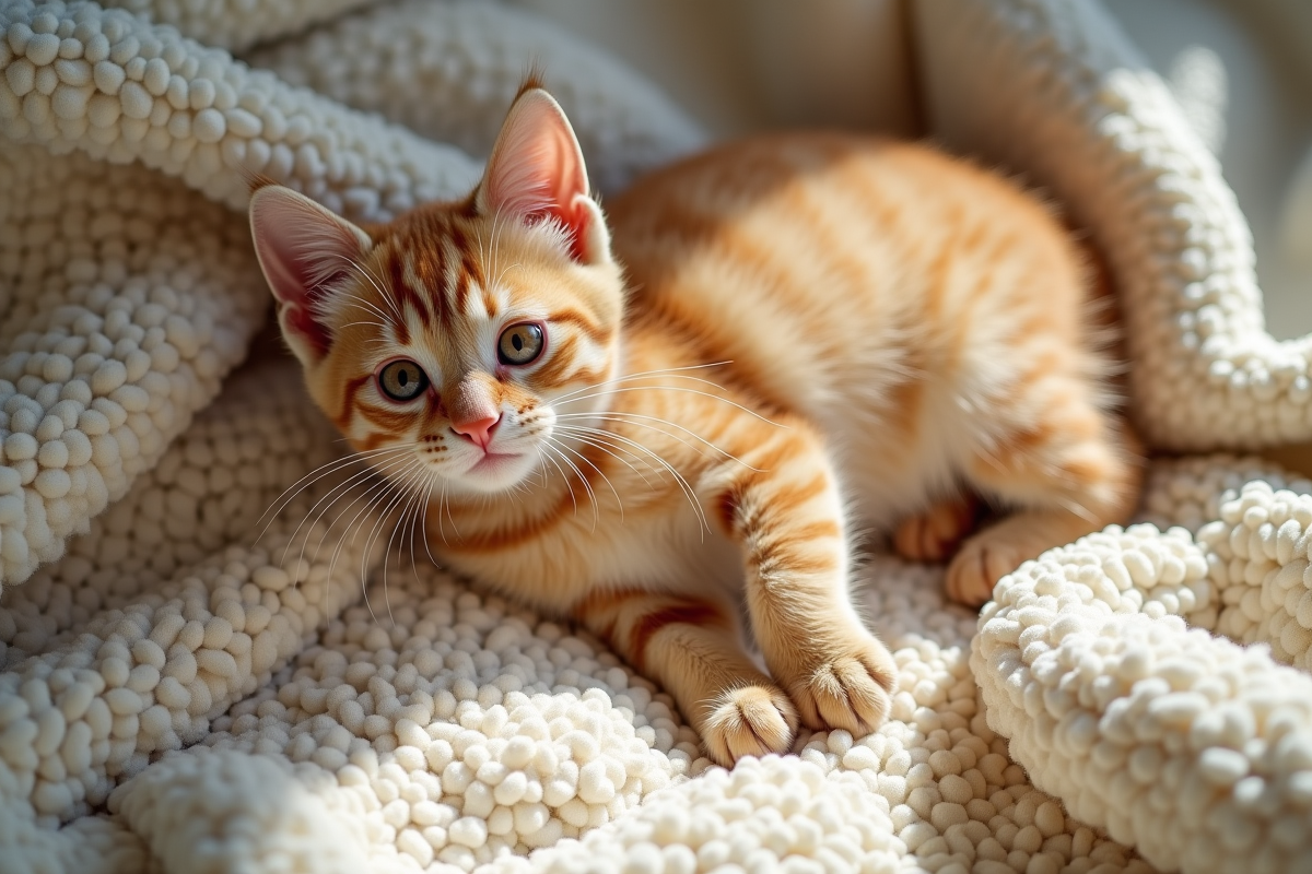 Chat beige allongé sur une couverture crème douce