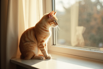 Chat beige sur une fenêtre ensoleillée pour l'article