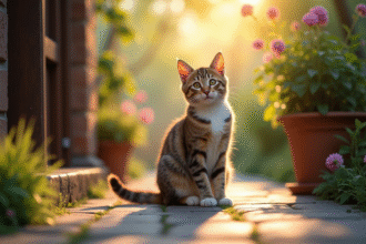 Chat curieux sur un porche ensoleille avec nature
