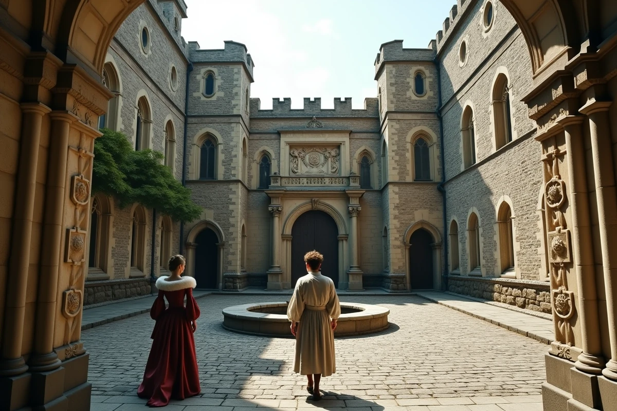 Cour intérieure d'un château Tudor avec architecture médiévale anglaise et personnages en costume d'époque