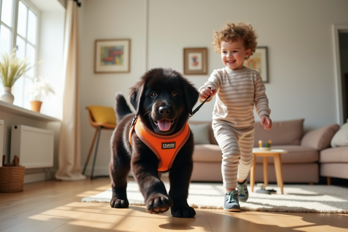 Chiot Newfoundland avec un harnais coloré en promenade en intérieur