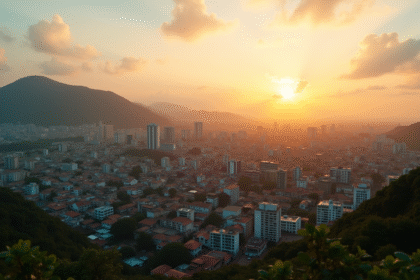Ciel urbain de Freetown au lever du soleil avec collines vertes