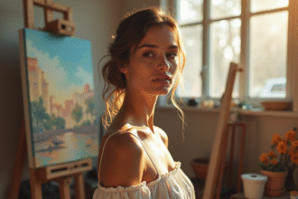 Clara Pésery dans son atelier lumineux avec toiles